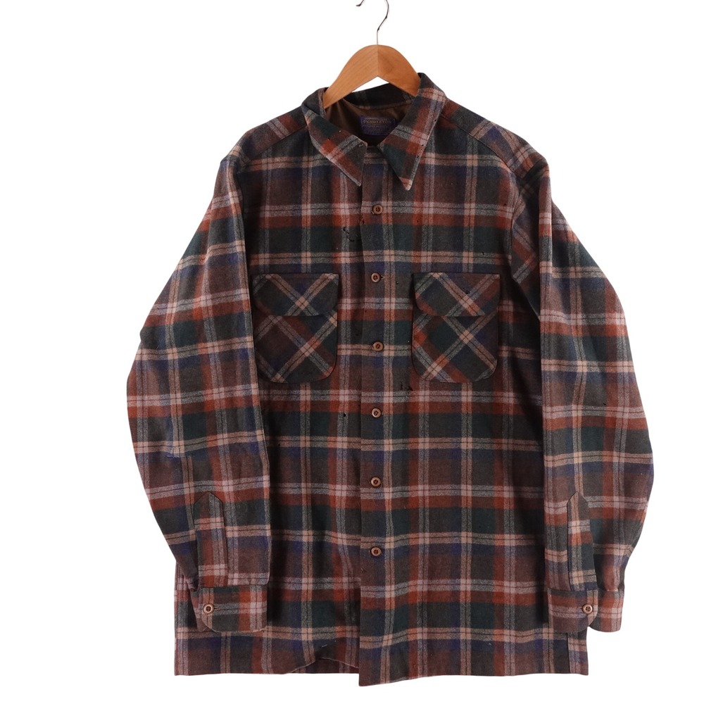 Vintage Pendleton Board Mens XL Tall Wool Plaid Flannel Brown Blue Shirt USA